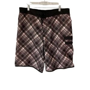 Tony Hawk Mens Swim Board Shorts XL Brown Black Plaid Lined Elastic Waist